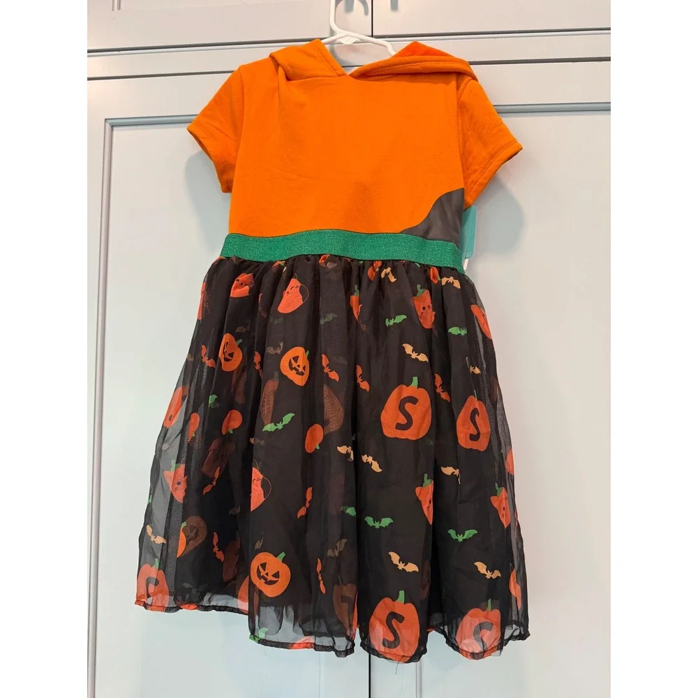 NWT Squishmallows Halloween Pumpkin Hooded Tulle Dress Girls Medium 7/8 Orange